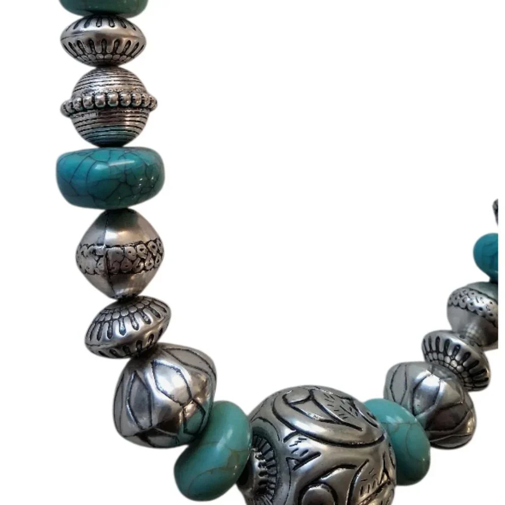 Chico's Turquoise & Silver Chunky Native American Style Necklace